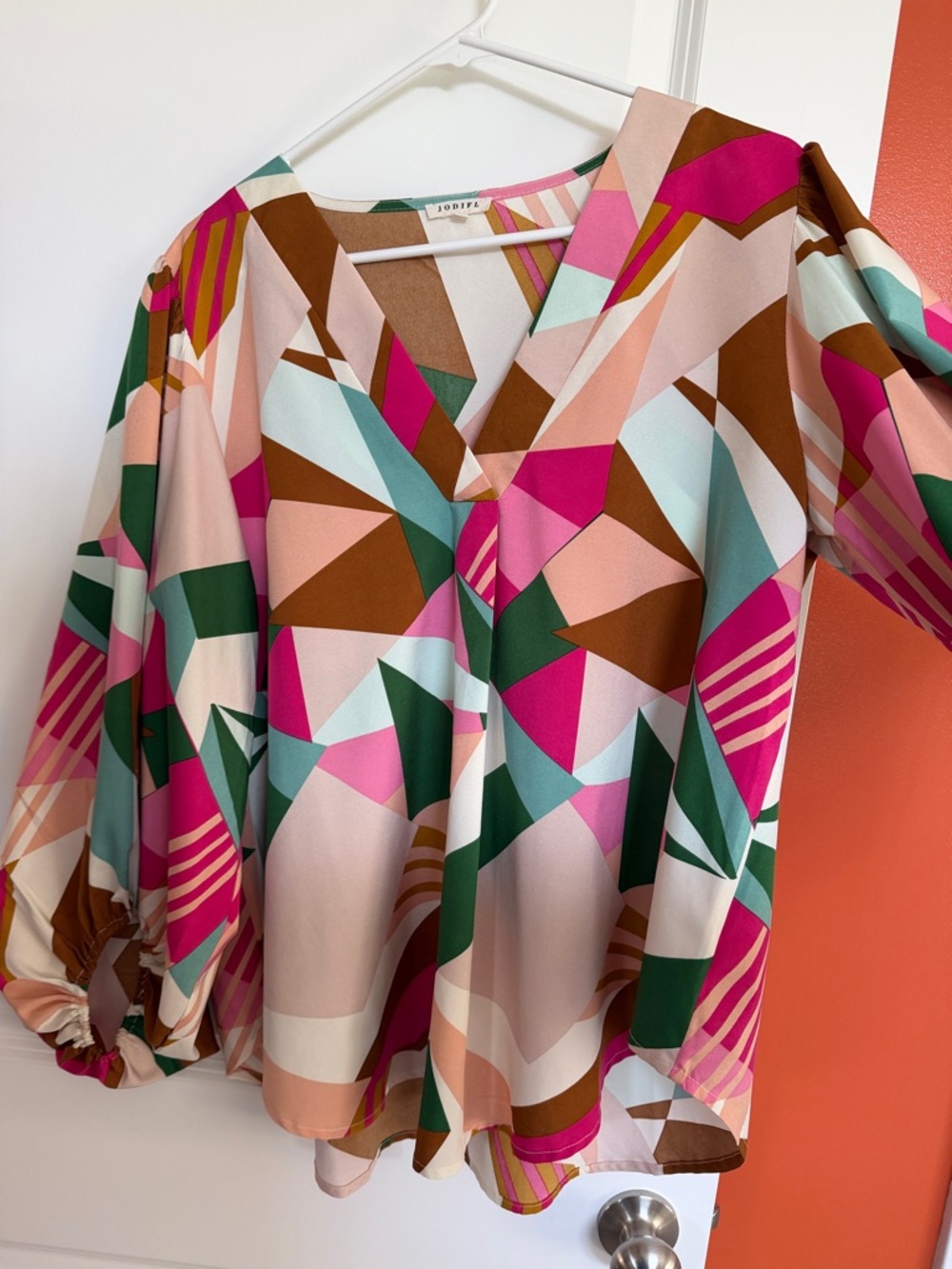 JODIFL Geometric V-Neck Blouse in Pink, Green & Brown - Picture 4 of 5